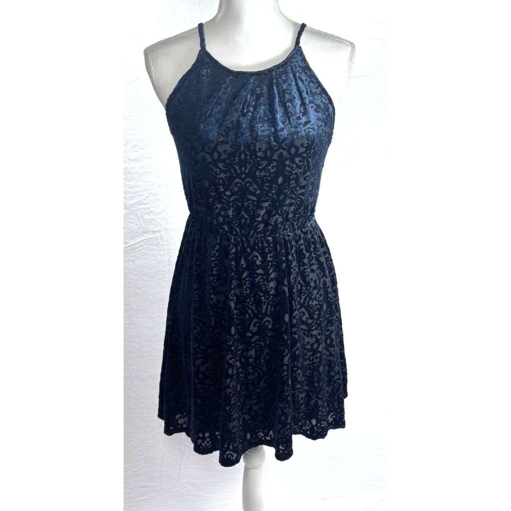 Velvet Burnout Dress Blue Black Halter Short Whimsigoth Fairy Grunge Y2K